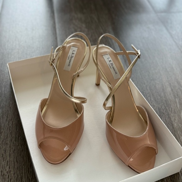 LK Bennett Shoes - LK Bennett Blush Patent Leather Heels with Gold Straps
